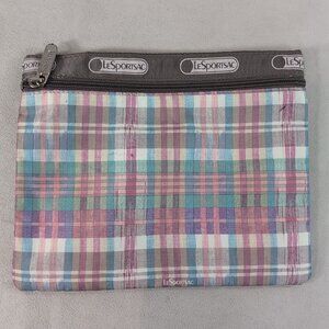 LeSportsac Pink Blue Plaid Gingham Rectangle Makeup Bag Pouch Zip White Brown